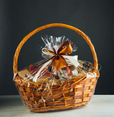gift basket on gray background with copy-space